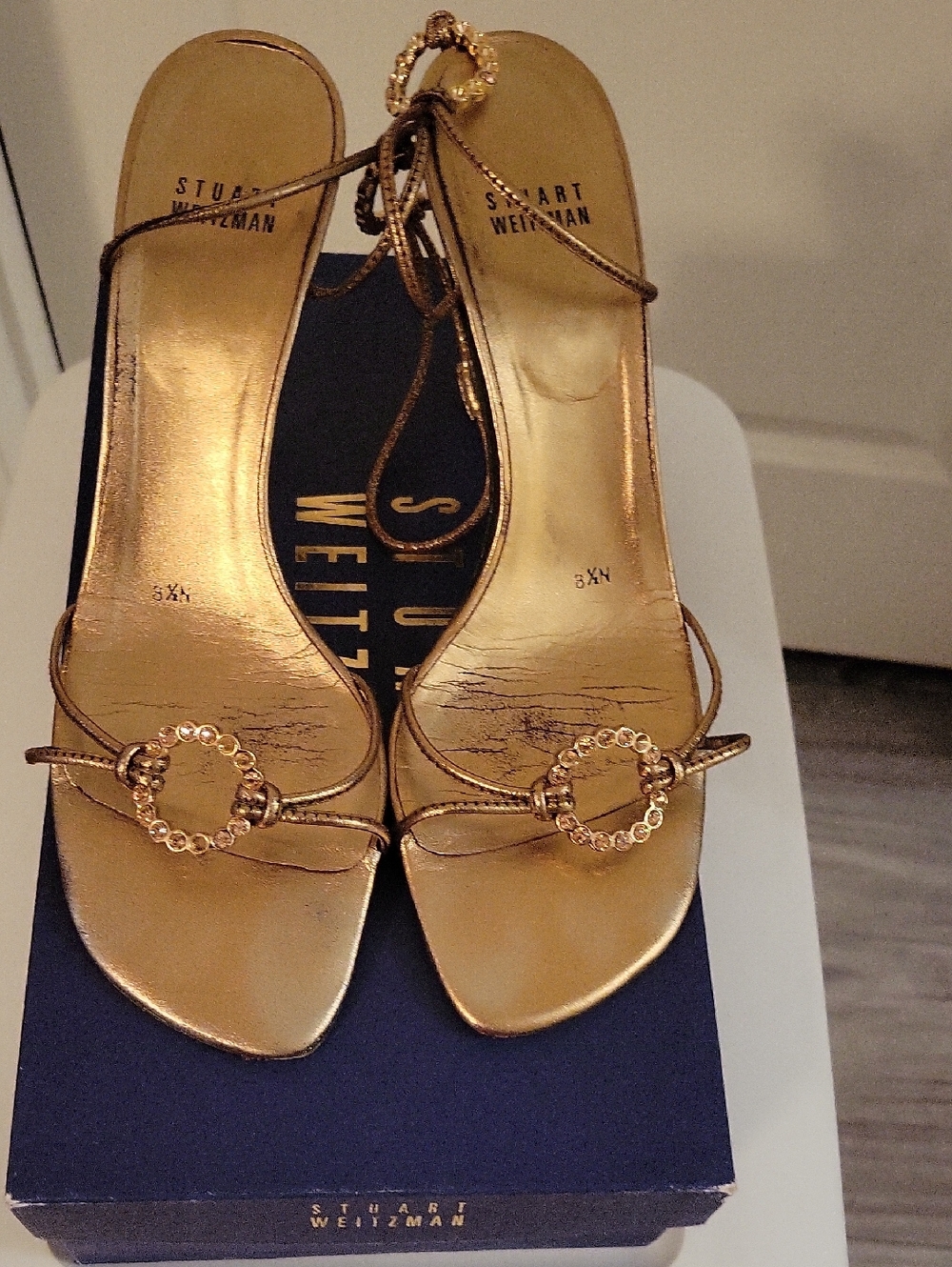 Stuart Weitzman Metallic Gold Strappy Heels with Decorative Rings